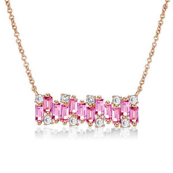 Rose Gold Pink Sapphire Baguette Bar Necklace for Women - Sterling Silver