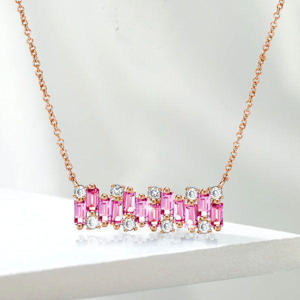 Rose Gold Pink Sapphire Baguette Bar Necklace for Women - Sterling Silver