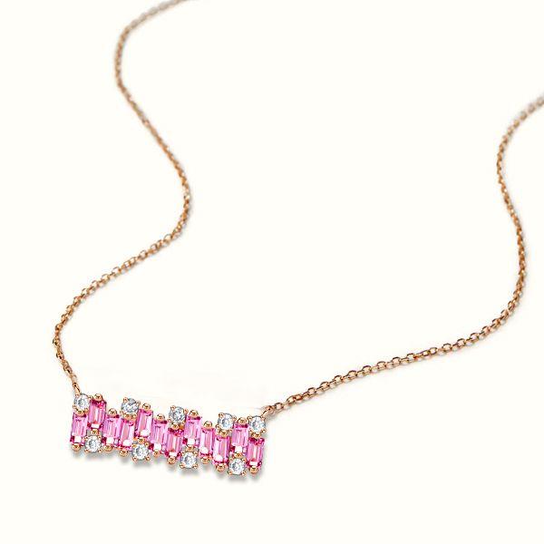 Rose Gold Pink Sapphire Baguette Bar Necklace for Women - Sterling Silver