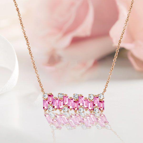 Rose Gold Pink Sapphire Baguette Bar Necklace for Women - Sterling Silver