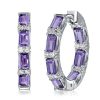 Baguette Cut Amethyst Sterling Silver Hoop Earrings with Hinged Back