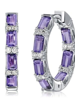 Baguette Cut Amethyst Sterling Silver Hoop Earrings with Hinged Back