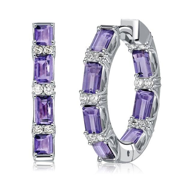Baguette Cut Amethyst Sterling Silver Hoop Earrings with Hinged Back