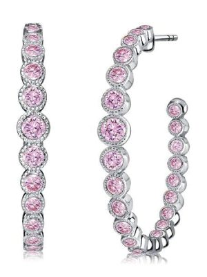 Round Cut Pink Sapphire Sterling Silver Hoop Earrings | Rhodium Plated