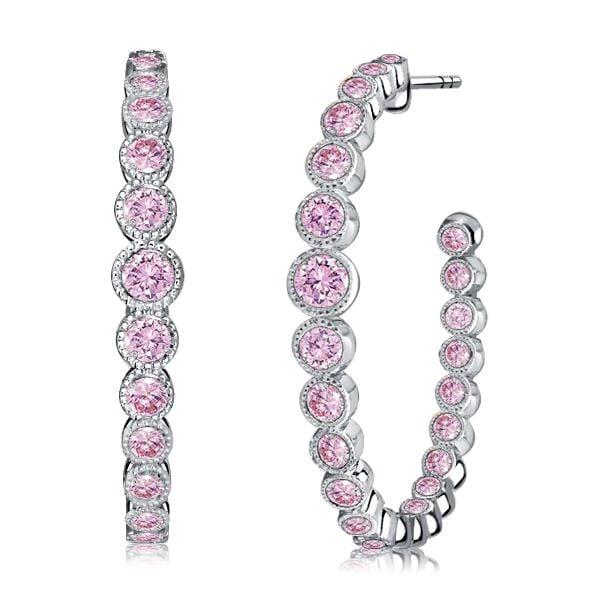 Round Cut Pink Sapphire Sterling Silver Hoop Earrings | Rhodium Plated