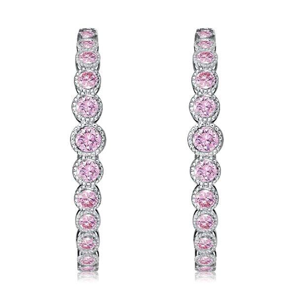 Round Cut Pink Sapphire Sterling Silver Hoop Earrings | Rhodium Plated