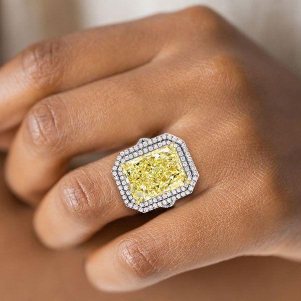 Radiant Cut Yellow Double Halo Engagement Ring - Sterling Silver Split Shank