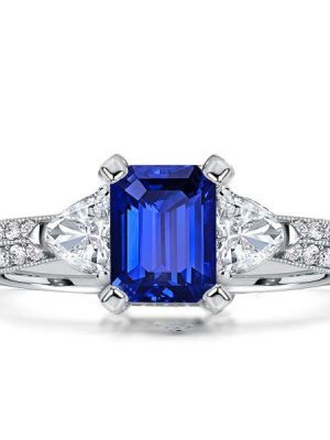 Emerald Cut Blue Sapphire 3-Stone Engagement Ring - Sterling Silver