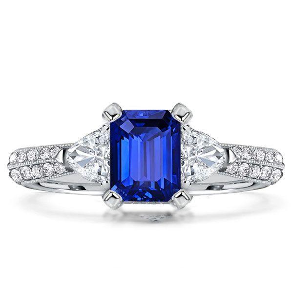 Emerald Cut Blue Sapphire 3-Stone Engagement Ring - Sterling Silver