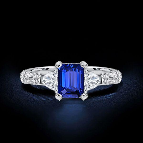 Emerald Cut Blue Sapphire 3-Stone Engagement Ring - Sterling Silver