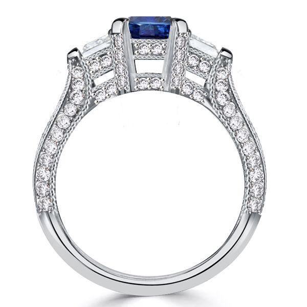 Emerald Cut Blue Sapphire 3-Stone Engagement Ring - Sterling Silver