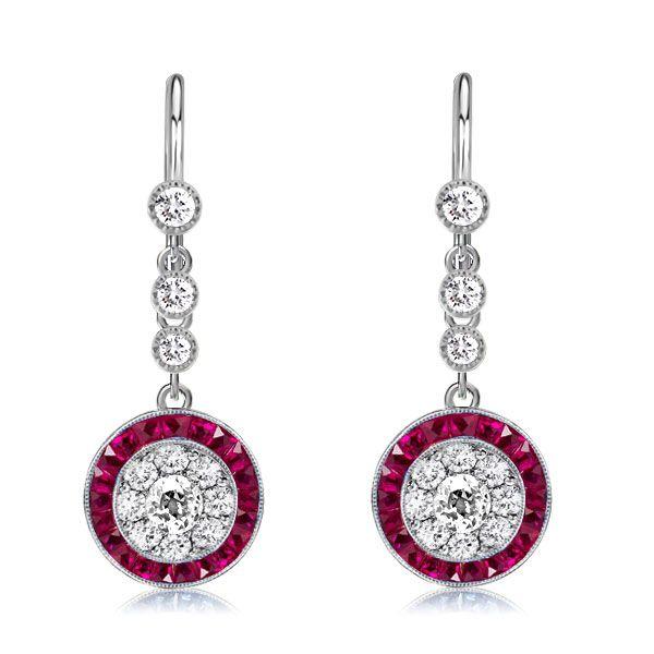 Halo Milgrain White & Red Sterling Silver Drop Earrings