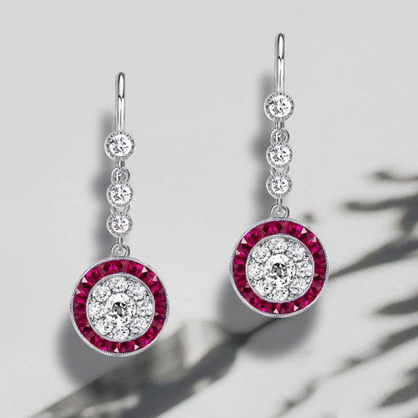 Halo Milgrain White & Red Sterling Silver Drop Earrings