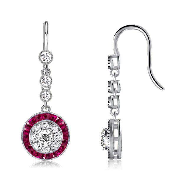 Halo Milgrain White & Red Sterling Silver Drop Earrings