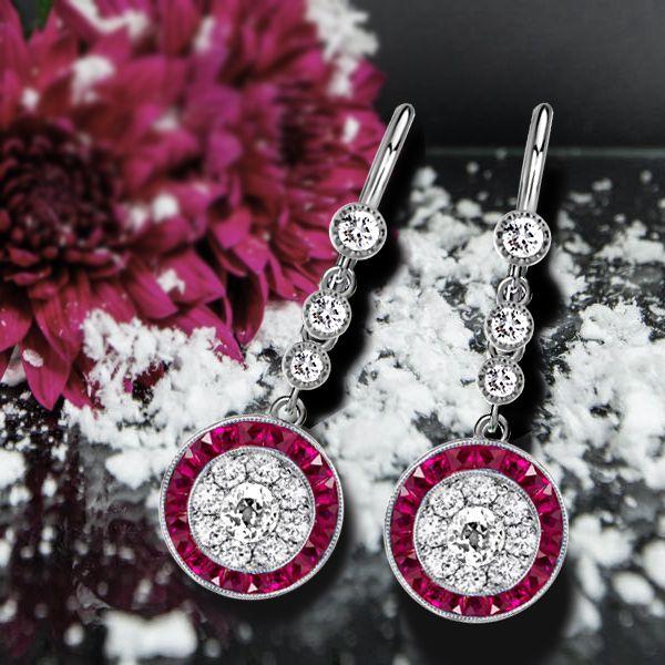 Halo Milgrain White & Red Sterling Silver Drop Earrings