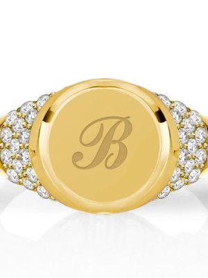 Personalized Initial Signet Ring for Women - Pave Setting, 18K Gold Plated Sterling Silver