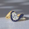 Micro Pave Blue Sapphire Pear Shaped Engagement Ring in Sterling Silver with Yellow Gold Plating