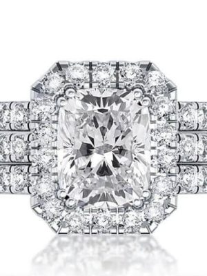 Classic Halo Created White Sapphire 3-Piece Platinum Bridal Set in Sterling Silver