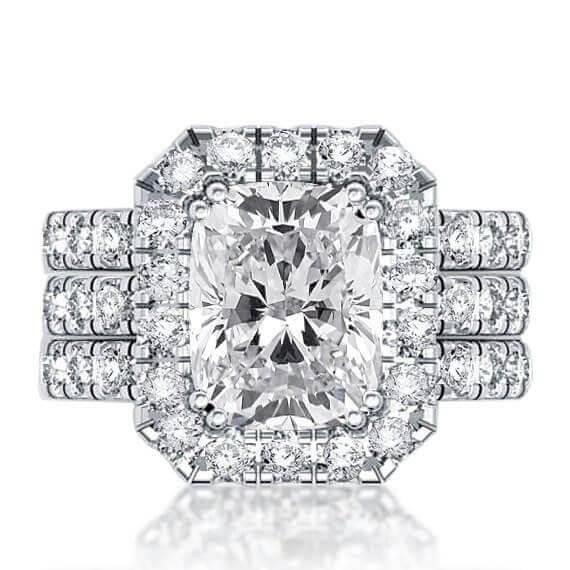 Classic Halo Created White Sapphire 3-Piece Platinum Bridal Set in Sterling Silver