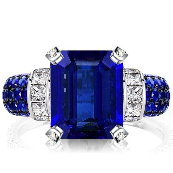 Two Tone Emerald Cut Blue Sapphire Engagement Ring in Sterling Silver