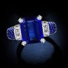 Two Tone Emerald Cut Blue Sapphire Engagement Ring in Sterling Silver
