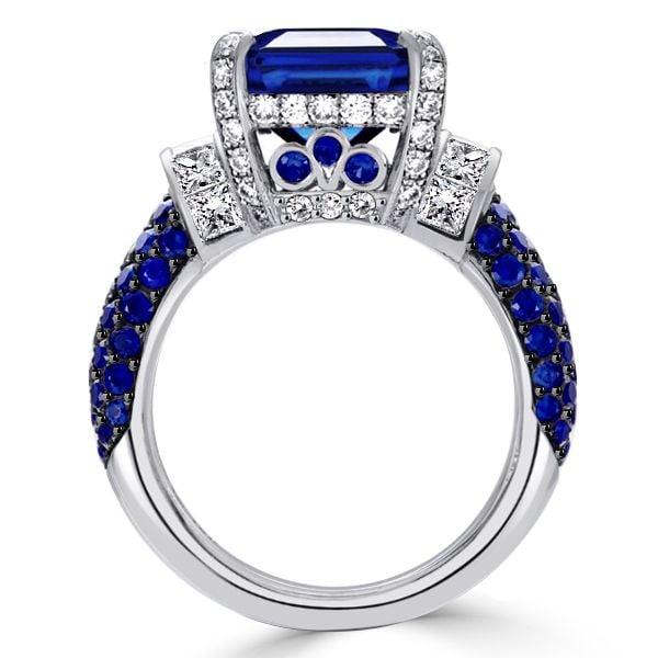 Two Tone Emerald Cut Blue Sapphire Engagement Ring in Sterling Silver