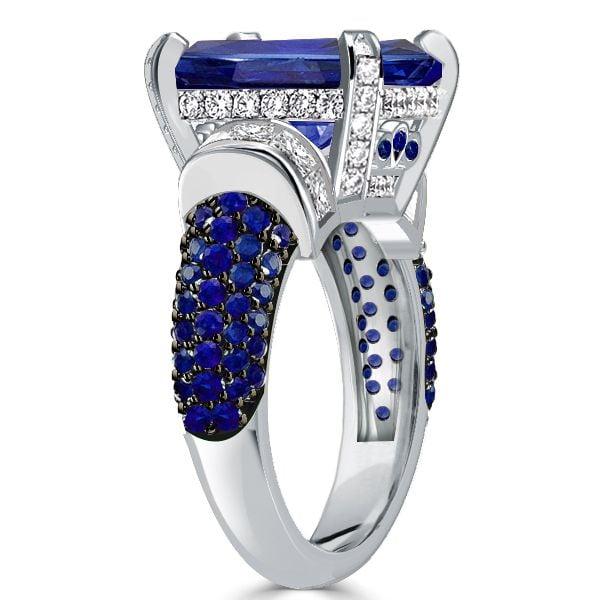 Two Tone Emerald Cut Blue Sapphire Engagement Ring in Sterling Silver