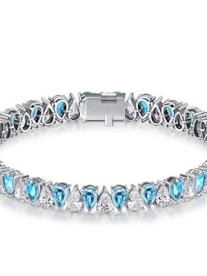 MV-61CCB11C6177-1 Pear Cut White & Aquamarine Tennis Bracelet in Sterling Silver with Rhodium Plating