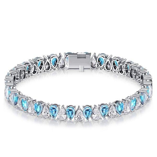 Pear Cut White & Aquamarine Tennis Bracelet in Sterling Silver with Rhodium Plating