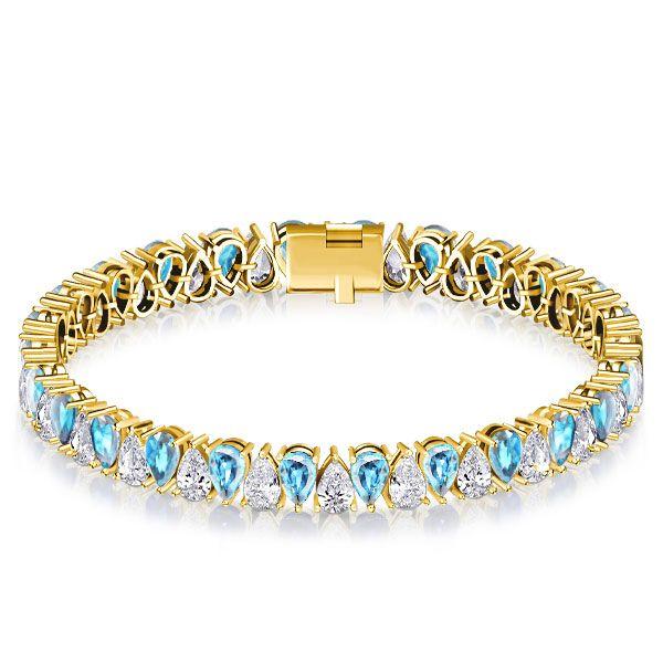 Pear Cut White & Aquamarine Tennis Bracelet in Sterling Silver with Rhodium Plating