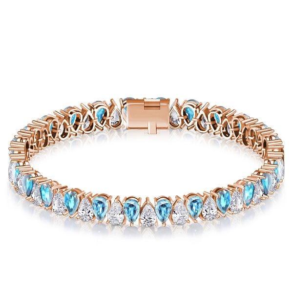 Pear Cut White & Aquamarine Tennis Bracelet in Sterling Silver with Rhodium Plating