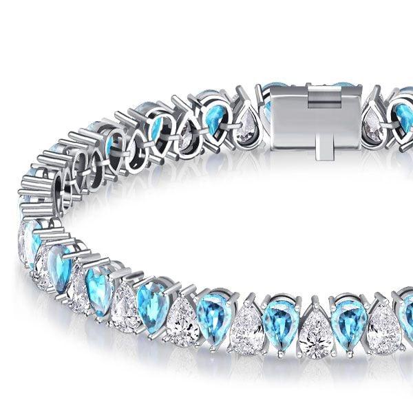 Pear Cut White & Aquamarine Tennis Bracelet in Sterling Silver with Rhodium Plating
