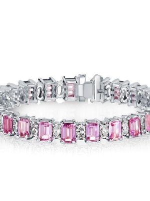 Emerald Cut White & Pink Stone Tennis Bracelet in Sterling Silver - Wedding Jewelry