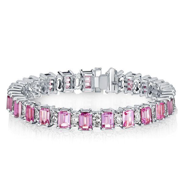 Emerald Cut White & Pink Stone Tennis Bracelet in Sterling Silver - Wedding Jewelry
