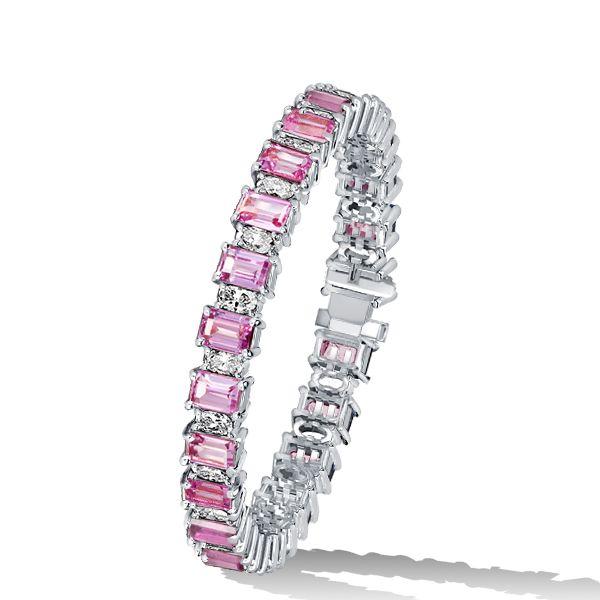 Emerald Cut White & Pink Stone Tennis Bracelet in Sterling Silver - Wedding Jewelry