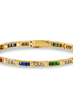 Multi-Gemstone Tennis Bracelet - Blue Sapphire, Emerald, Ruby - 18K Gold Plated Sterling Silver