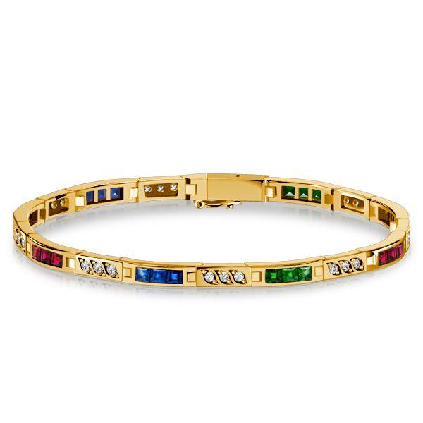 Multi-Gemstone Tennis Bracelet - Blue Sapphire, Emerald, Ruby - 18K Gold Plated Sterling Silver