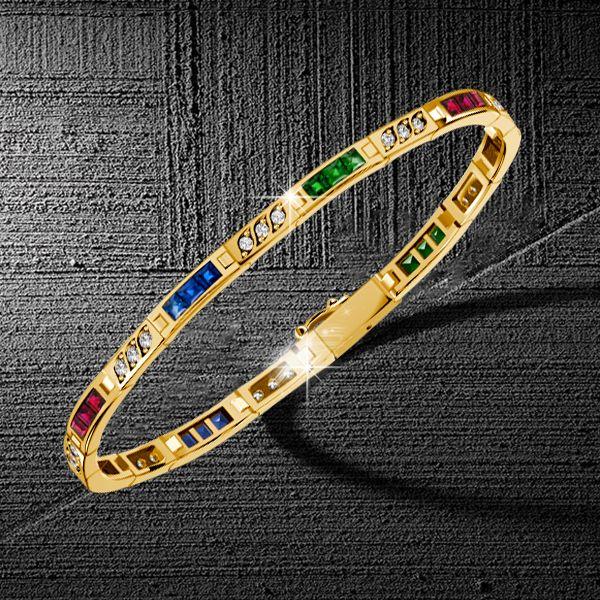 Multi-Gemstone Tennis Bracelet - Blue Sapphire, Emerald, Ruby - 18K Gold Plated Sterling Silver