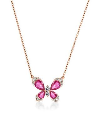 Rose Gold Butterfly Necklace - Pear & Round Cut Simulated Diamonds