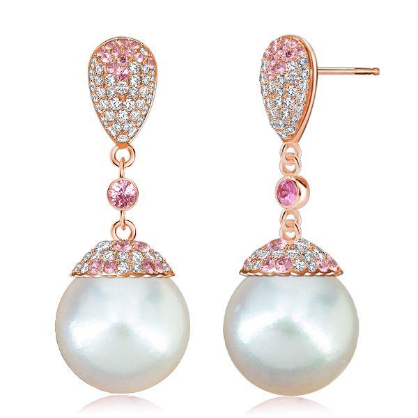 Rose Gold Pink Sapphire & Pearl Drop Earrings for Women - Sterling Silver