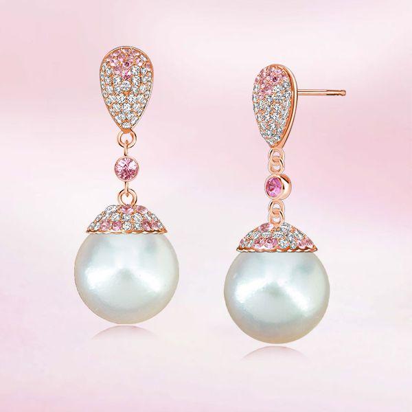 Rose Gold Pink Sapphire & Pearl Drop Earrings for Women - Sterling Silver