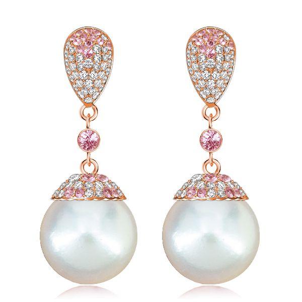 Rose Gold Pink Sapphire & Pearl Drop Earrings for Women - Sterling Silver