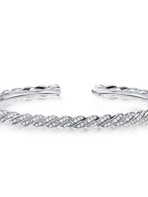 Sterling Silver White Sapphire Pave Cuff Bracelet with Round Cut Stones