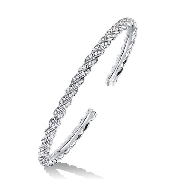 Sterling Silver White Sapphire Pave Cuff Bracelet with Round Cut Stones