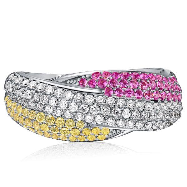 Bypass Ring: Yellow Topaz & Pink Stone Micro Pave in Sterling Silver