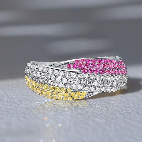 Bypass Ring: Yellow Topaz & Pink Stone Micro Pave in Sterling Silver