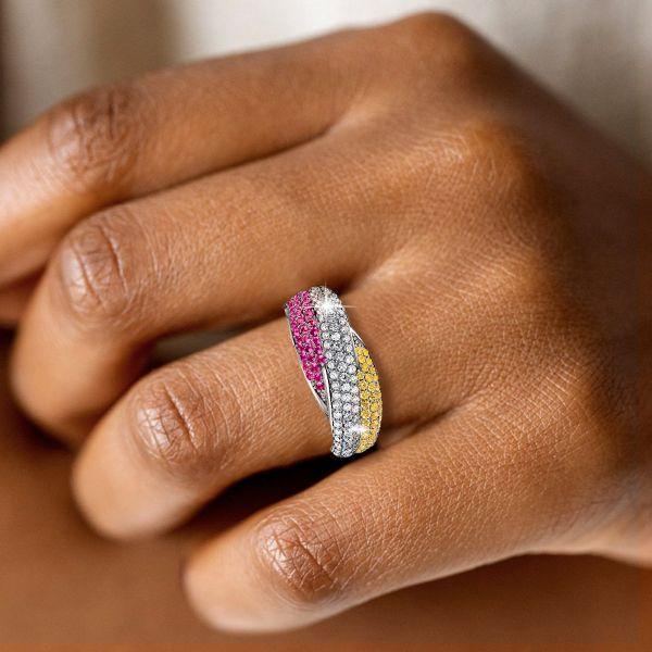 Bypass Ring: Yellow Topaz & Pink Stone Micro Pave in Sterling Silver
