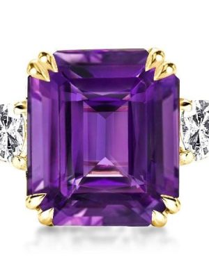 Three Stone Emerald Cut Created Amethyst Engagement Ring in 18K Gold Plated Sterling Silver