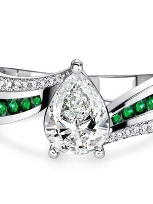 Pear Shaped Emerald & Sapphire Bypass Ring - Sterling Silver Engagement Ring