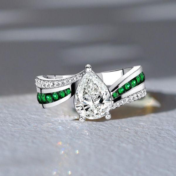 Pear Shaped Emerald & Sapphire Bypass Ring - Sterling Silver Engagement Ring